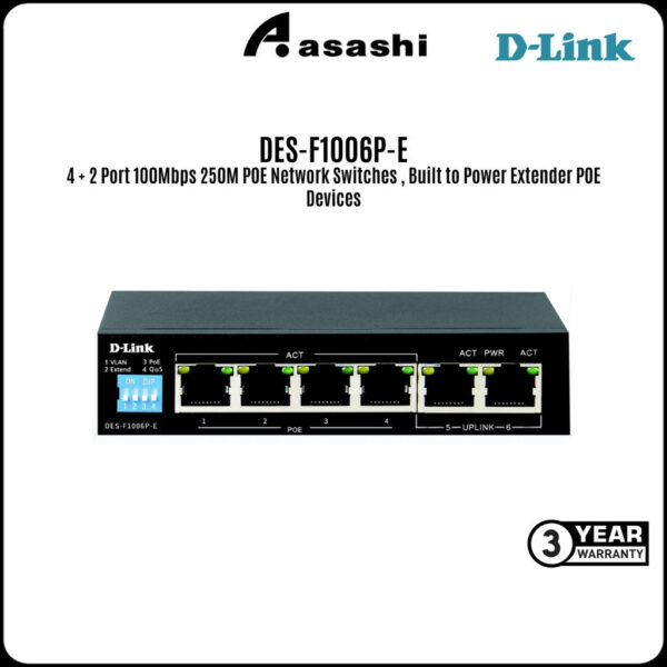 D-Link DES-F1006P-E 4 + 2 Port 100Mbps 250M POE Network Switches , Built to Power Extender POE Devices (POE Budget 60W)
