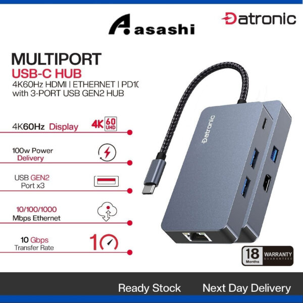 Datronic 6in1 USB-C to 4K60hz HDMI / USB3.2(10Gbps) x 3 / 100wPD / 1000mbps  RJ45 DUSBC-216 | 18months warranty