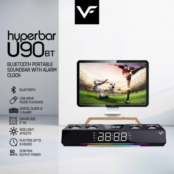 Vinnfier VF Hyperbar U90 BT USB Powered Soundbar 50W Bluetooth Speaker alarm clock Portable Soundbar RGB light effects