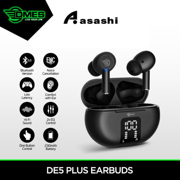 DMES DE5 Plus True Wireless Earbuds Bluetooth 5.3 TWS Sport Gaming Earbuds with ENC - 2 Years Warranty