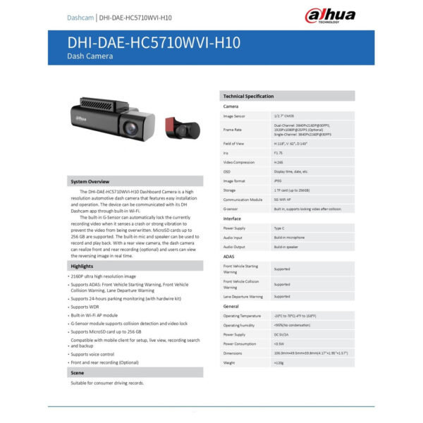 DAHUA H10 DASHCAM WITH R01 REAL CAM, 2160P ULTRA HIGH RESOLUTION, SUPPORT ADAS, G-SENSOR MODULE DASH CAM CAR CAMERA