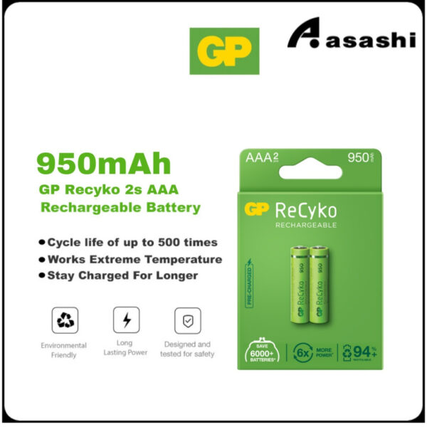 GP ReCyko Rechargeable AAA (950mAh x 2 Batteries Pack)