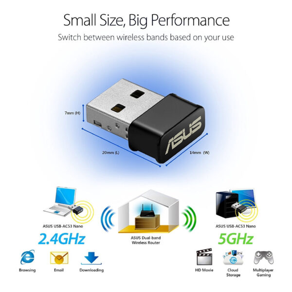 Asus USB-AC53 Nano Size MU-MIMO AC1200 Dual-band USB Wi-Fi Adapter 5Ghz + 2.4Ghz