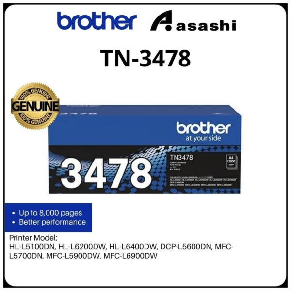 Brother TN-3478 Genuine Monochrome Toner Cartridge, Black, Page Yield up to 12,000 pages