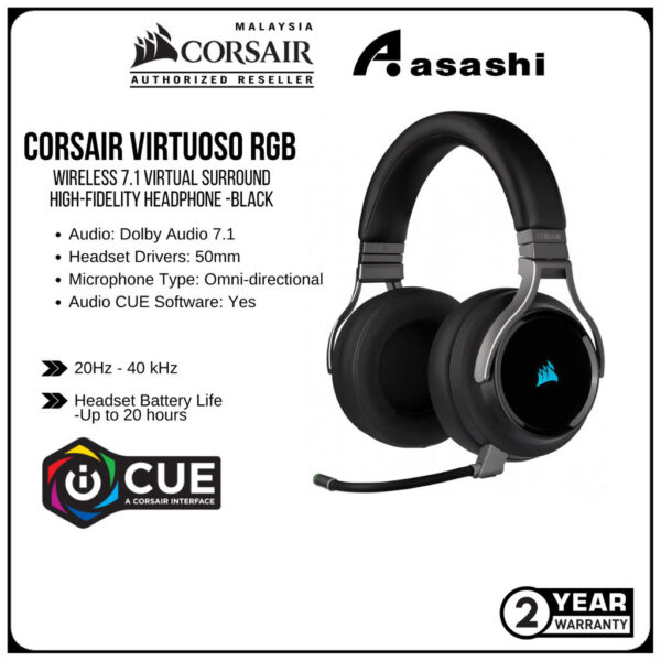 CORSAIR Virtuoso RGB Wireless 7.1 Virtual Surround High-Fidelity Headphone, Black (CA-9011185-AP)
