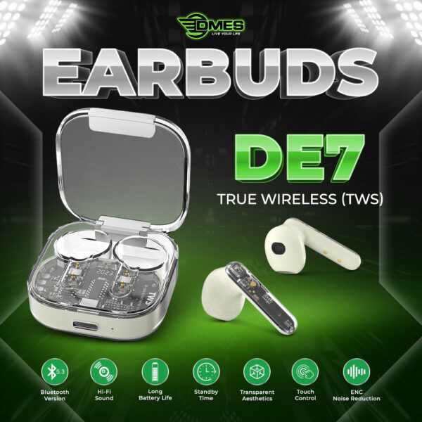DMES DE7 True Wireless Earbuds Bluetooth 5.3 TWS Sports Gaming Earbuds with Transparency Casing - 2 Year Warranty