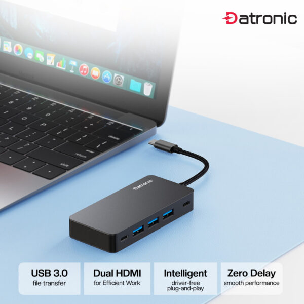 Datronic 7in1 USB-C to Dual HDMI / USB3.0 x 3 / 1000mbps RJ45 / 100wPD DUSBC-214 | 18month warranty