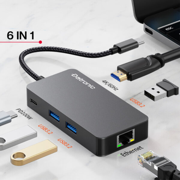 Datronic 6in1 USB-C to 4K60hz HDMI / USB3.2(10Gbps) x 3 / 100wPD / 1000mbps  RJ45 DUSBC-216 | 18months warranty