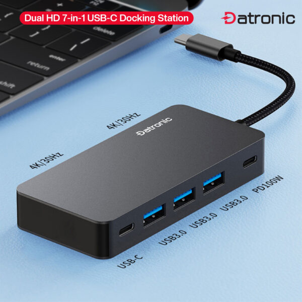 Datronic 7in1 USB-C to Dual HDMI / USB3.0 x 3 / 1000mbps RJ45 / 100wPD DUSBC-214 | 18month warranty