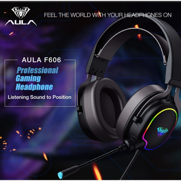 AULA F606 Over-Ear Wired Gaming Headset with Microphone for PC Laptop Phone USB RGB Lighting Power Bass