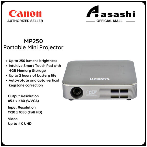 Canon MP250 Portable Mini Projector (250 Lumens,HDMI, USB 2.0x2, Wireless, Bluetooth 4.2, Battery up to 2hours)