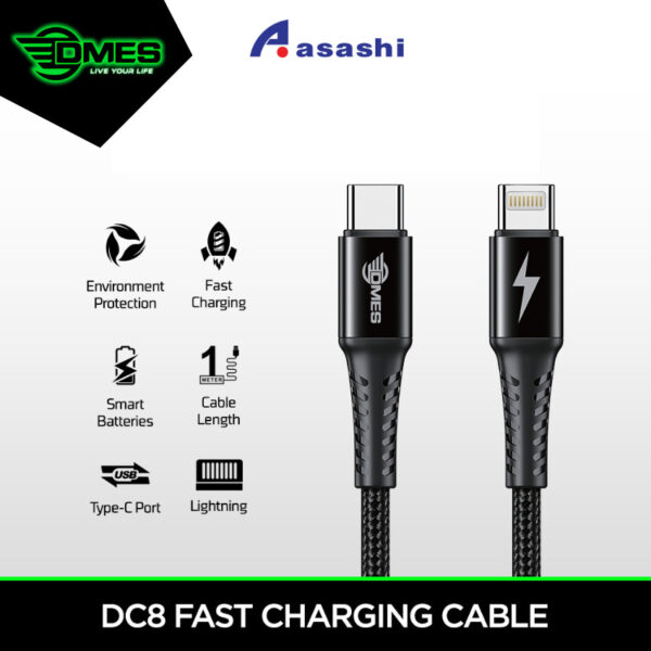 DMES DC8 Type C To Light 3A 30W Cable QC 3.0 Fast Charging Phone Cable with Wear Resisting High Density Nylon Cable