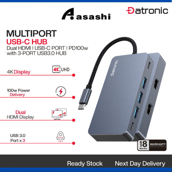 Datronic 7in1 USB-C to Dual HDMI / USB3.0 x 3 / 1000mbps RJ45 / 100wPD DUSBC-214 | 18month warranty