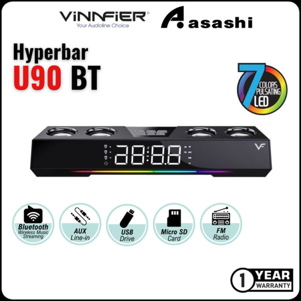 Vinnfier VF Hyperbar U90 BT USB Powered Soundbar 50W Bluetooth Speaker alarm clock Portable Soundbar RGB light effects