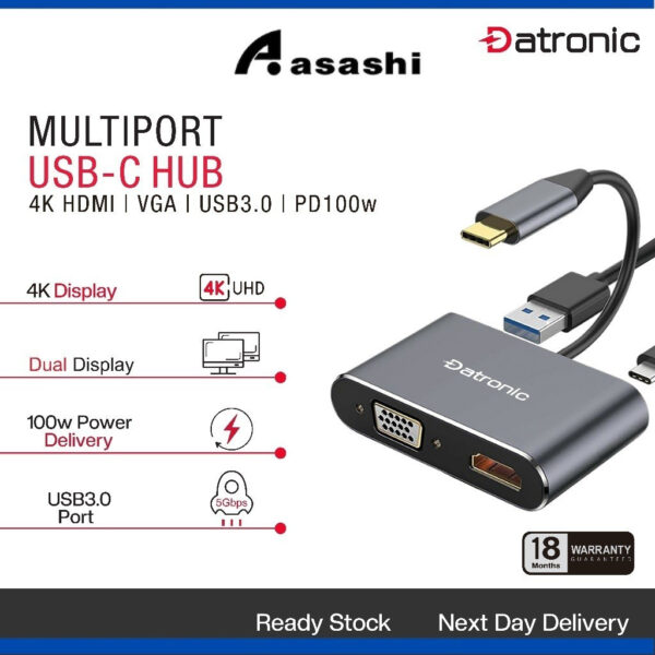 Datronic 4in1 USB-C to HDMI / VGA / USB3.0 / 100wPD DUSBC-209 | 18months warranty