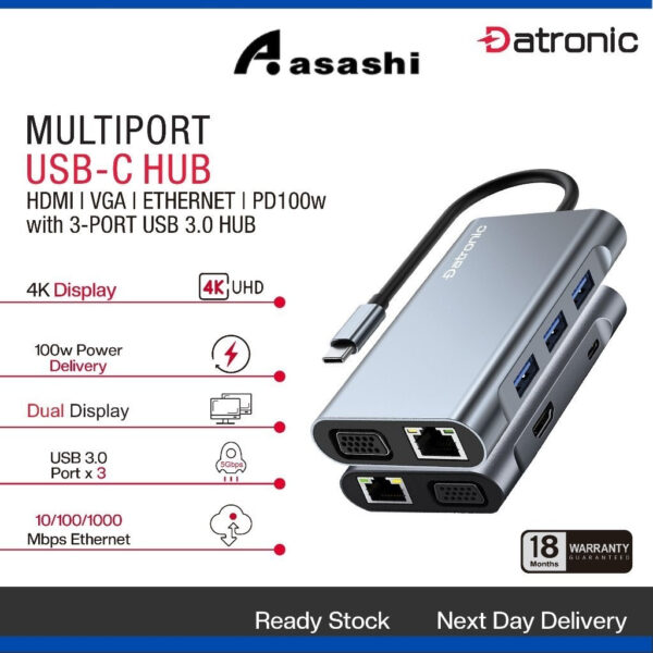 Datronic 7in1 USB-C to HDMI / VGA / USB3.0 x 3 / 100wPD / 1000mbps RJ45 DUSBC-213 | 18 Months Warranty