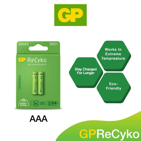 GP ReCyko Rechargeable AAA (950mAh x 2 Batteries Pack)