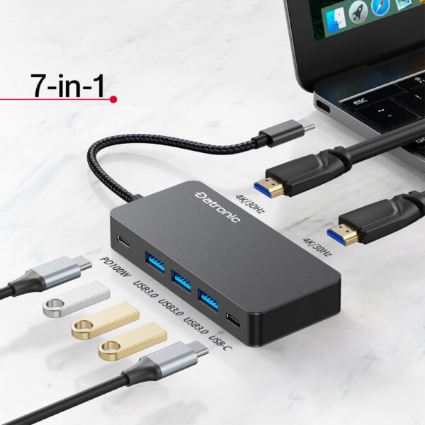 Datronic 7in1 USB-C to Dual HDMI / USB3.0 x 3 / 1000mbps RJ45 / 100wPD DUSBC-214 | 18month warranty