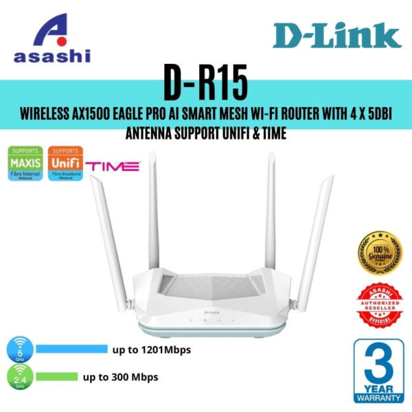 D-Link D-R15 Wireless AX1500 Eagle Pro Ai Smart Mesh Wi-Fi Router with 4 x 5dBi Antenna Support UNIFi & TIME