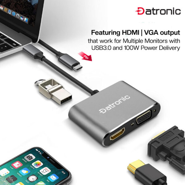 Datronic 4in1 USB-C to HDMI / VGA / USB3.0 / 100wPD DUSBC-209 | 18months warranty