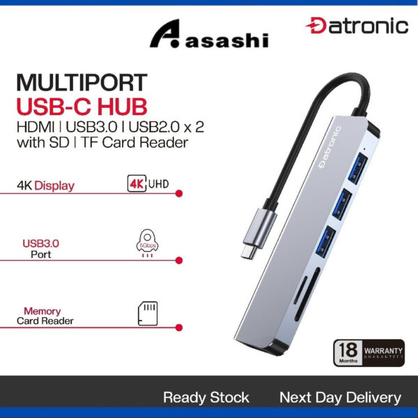 Datronic 6in1 USB-C to HDMI / USB3.0 / USB2.0 x 2/ SD / TF DUSBC-206 | 18months warranty