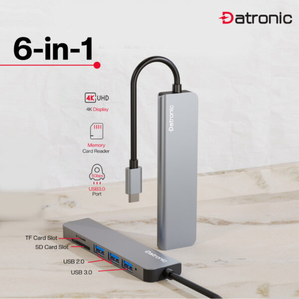 Datronic 6in1 USB-C to HDMI / USB3.0 / USB2.0 x 2/ SD / TF DUSBC-206 | 18months warranty