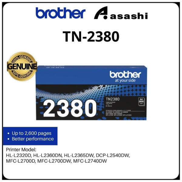 Brother TN-2380 Genuine Monochrome Toner Cartridge, Black, Page Yield up to 2,600 pages