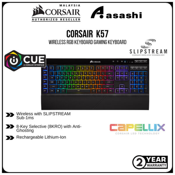Corsair K57 RGB Wireless + Bluetooth Gaming Keyboard w/ SLIPSTREAM - Rubber Dome Switch CH-925C015-NA