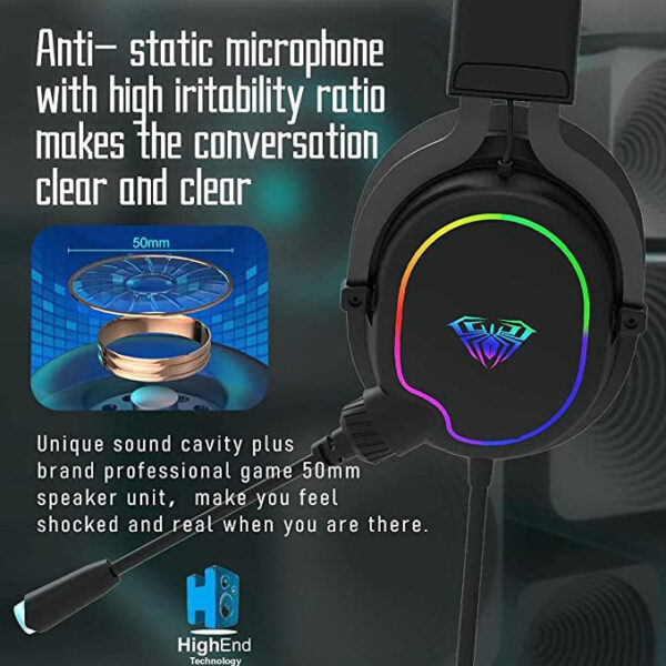 AULA F606 Over-Ear Wired Gaming Headset with Microphone for PC Laptop Phone USB RGB Lighting Power Bass