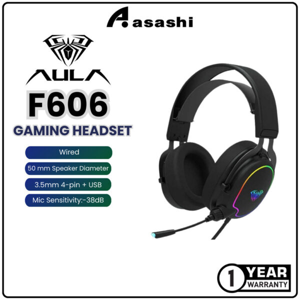 AULA F606 Over-Ear Wired Gaming Headset with Microphone for PC Laptop Phone USB RGB Lighting Power Bass