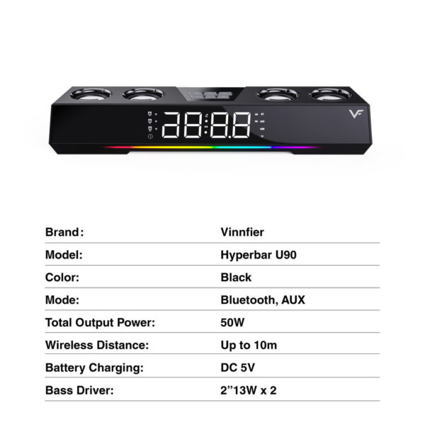 Vinnfier VF Hyperbar U90 BT USB Powered Soundbar 50W Bluetooth Speaker alarm clock Portable Soundbar RGB light effects