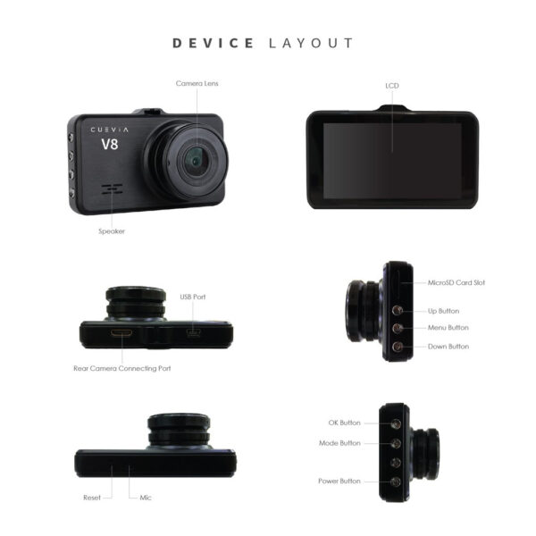 CUEVIA V8 2 Channel Full HD 3” LCD Dash Camera / DashCam Car cam