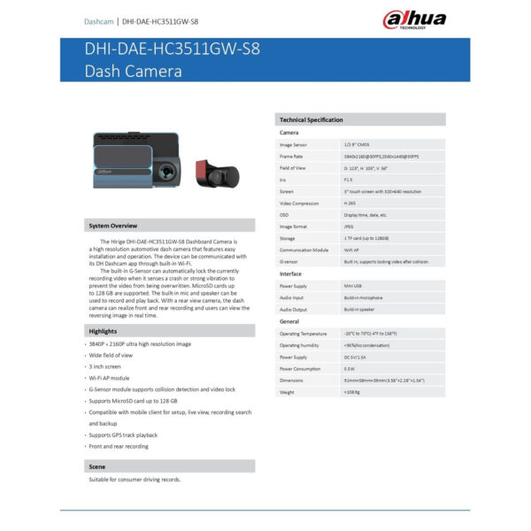 DAHUA S8 DASHCAM WITH REAL CAM, 3 INCH SCREEN, G-SENSOR MODULE, GPS TRACK, BUILT-IN MIC & SPEAKER DASH CAM CAR CAMERA