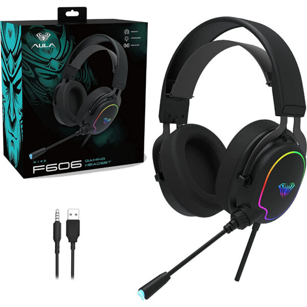 AULA F606 Over-Ear Wired Gaming Headset with Microphone for PC Laptop Phone USB RGB Lighting Power Bass