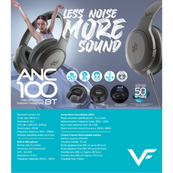 Vinnfier VF ANC 100 BT Noise Cancelling High Performance Bluetooth Headphone with Eva case active noise cancellation