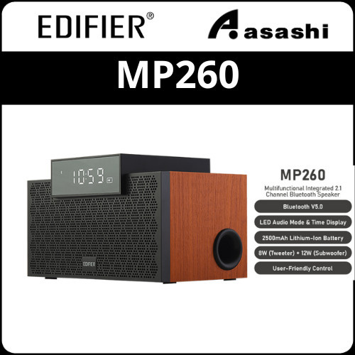 Edifier MP260 Portable Speaker - Bluetooth V5.0 | Built-in Clock | Alarm Function | Wooden Enclosure | 2.1 Channel