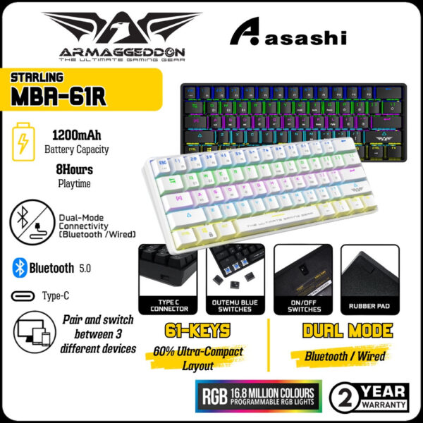 Armaggeddon MBA-61R Black / White Bluetooth + Wireless (61 Keys) Blue Switch Mechanical Keyboard