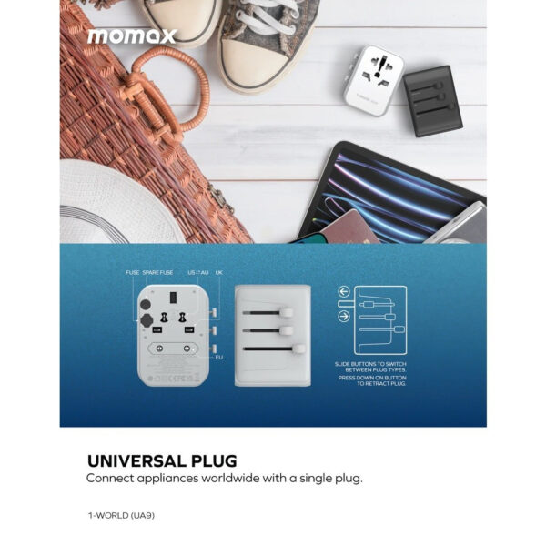 Momax 1-World PD35W 5 ports + AC Travel Adapter - Black / White (2Y) UA9