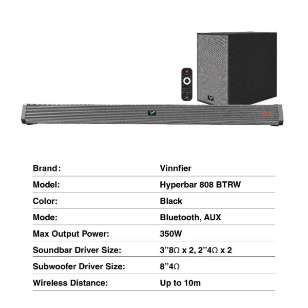 Vinnfier Hyperbar 808 BTRW Bluetooth Sound Bar with Wireless Subwoofer with AUX HDMI OPTICAL INPUT