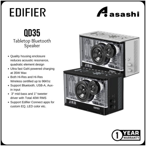Edifier QD35 Tabletop Bluetooth Speaker | 35W GaN charger | AUX In | USB A | Gallium Nitride Smart Charging | Hi-Res