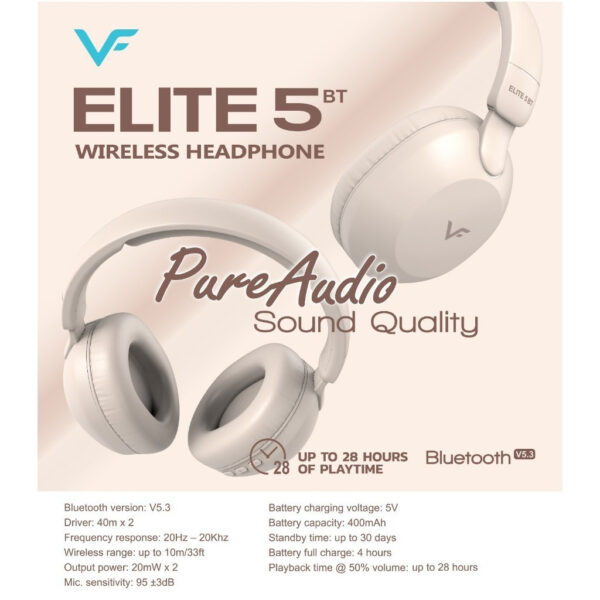 Vinnfier VF Elite 5 BT Wireless Bluetooth v5.3 Headphone With Playtime Up to 28 hours 8D Music