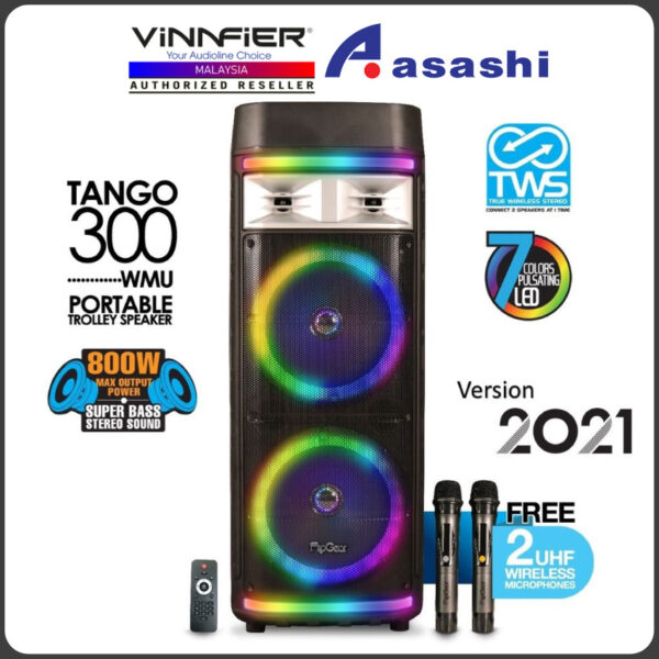 Vinnfier FlipGear Tango 300 WMU 2021 TWS Portable Trolley Speaker With 2 UHF Wireless Mic Bluetooth Super Bass Karaoke