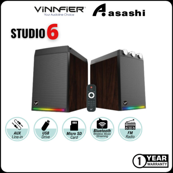 Vinnfier VF Studio 6 Bookshelf RGB Light Effect 100W 2.0 bluetooth speaker FM Radio Karaoke Audio Speaker