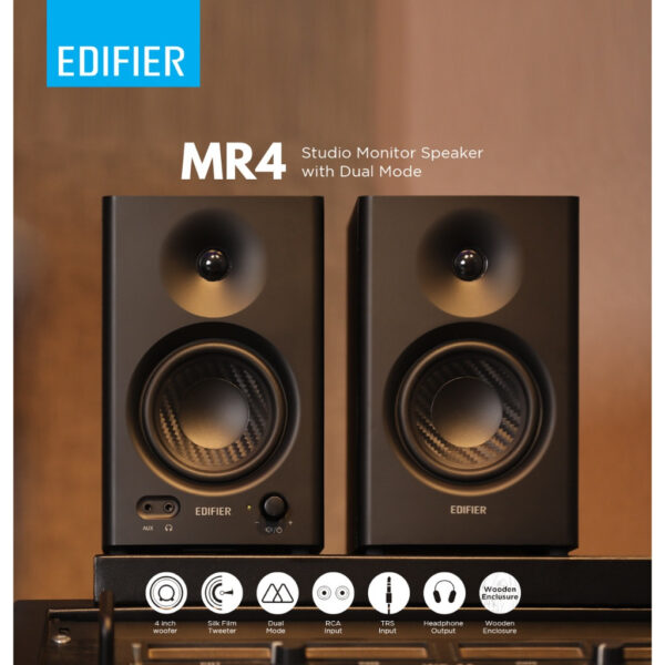 Edifier MR4 Studio Monitor Speaker - Balanced TRS Input | Headphone Output | Silk Film Tweeter | 4 Inch Woofer | 42W RMS