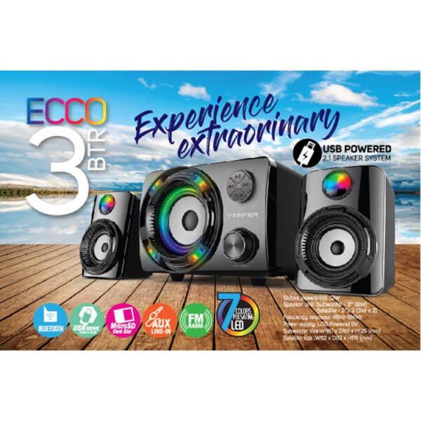 Vinnfier ECCO 3 BTU Bluetooth Speaker System 7 Color Pulsating LED Lights with FM Radio Micro SD card and USB Slot