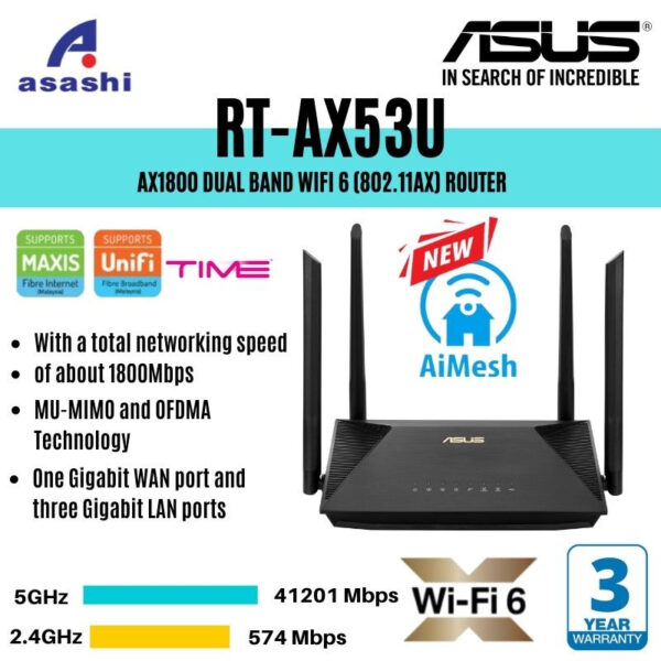 Asus RT-AX53U AX1800 Dual Band WiFi 6 (802.11ax) Network Router