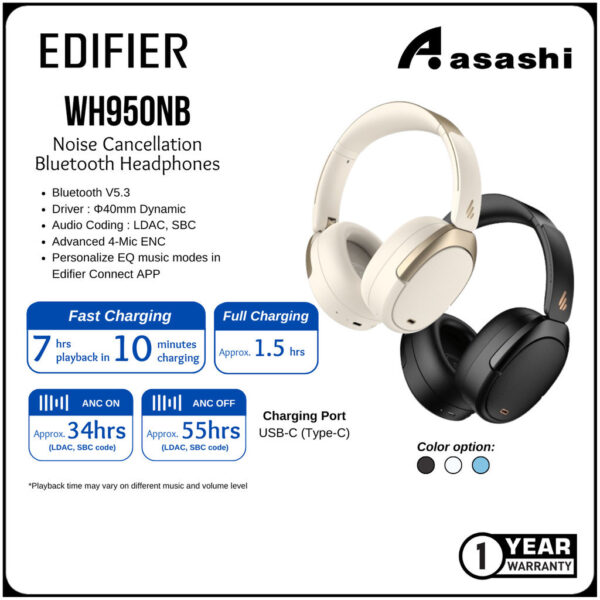 Edifier WH950NB -45dB Noise Cancellation Headphones - Bluetooth V5.3 | Hi-Res Audio | LDAC | Edifier Connect