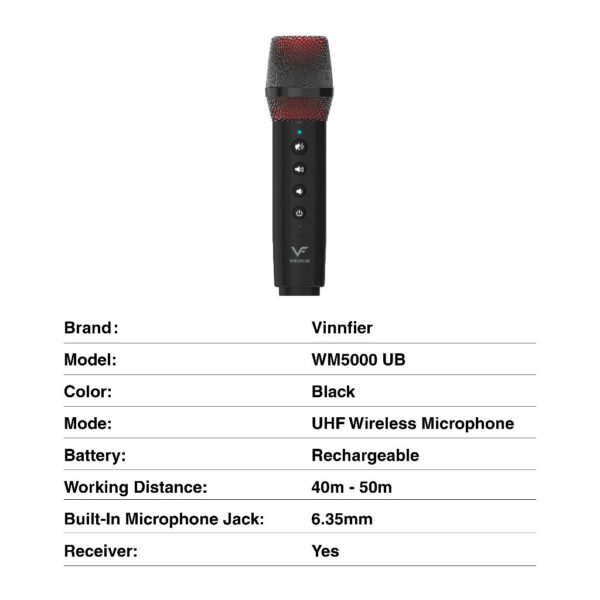 Vinnfier VF WM5000UB Wireless UHF Microphone Plug & Play Handheld Microphone Karaoke Audio 12 hours