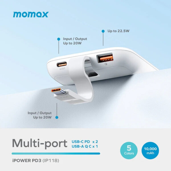 Momax iPower PD3 10000mAh Power Bank with USB-C Cable (2Y) IP118