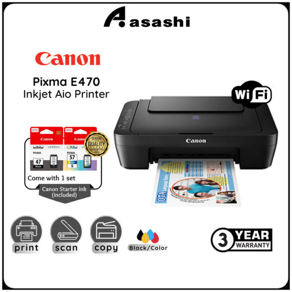 Canon Pixma E470 Inkjet Aio Printer (Print,Scan,Copy & Wireless)